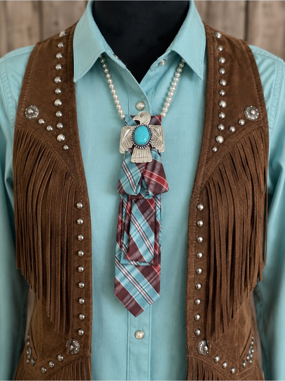 OOAK Western Turquoise Brown Necktie Necklace w/Turquoise Brooch & Silver Beads